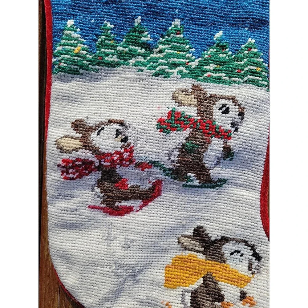 Lands End Bunnies Needlepoint Christmas Stocking Wool Green Red Cotton FLAW